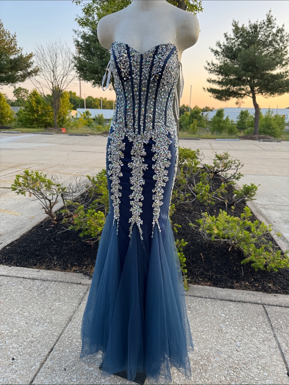 Jovani Navy Strapless Beaded Mermaid Gown